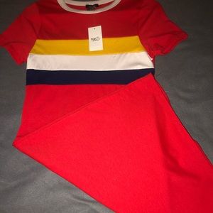 Red Dress With Yellow White And Blue Stripes